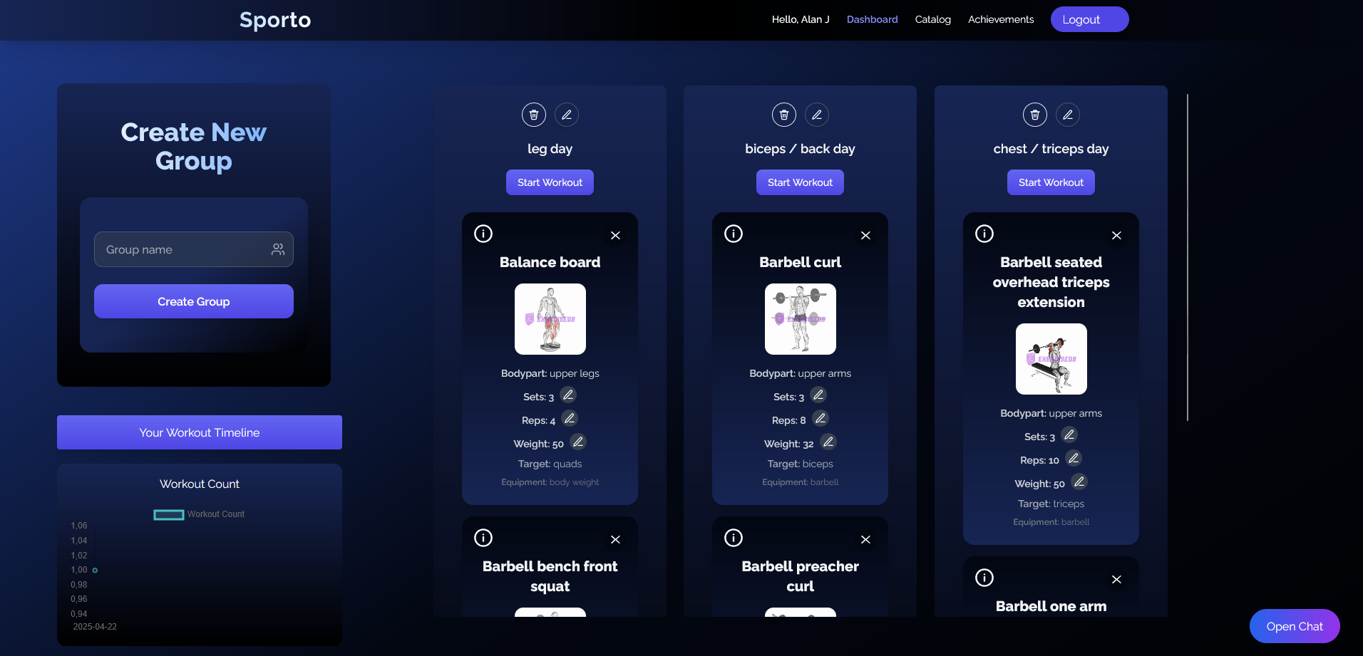 Sporto AI Fitness Platform showing workout tracking interface